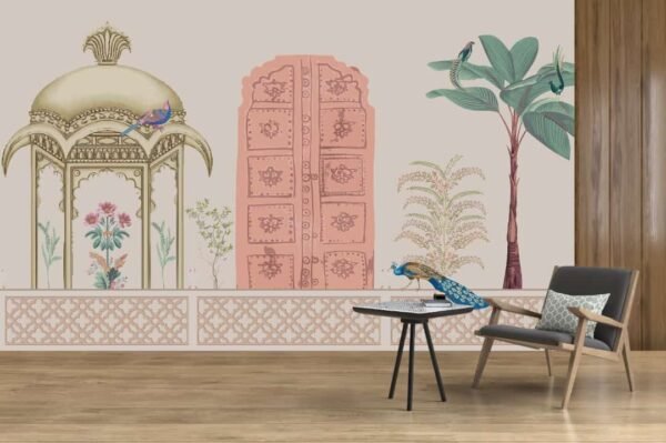 Traditional Mughal motif, frame, arch, peacock, flower, tropical tree. Mughal wall art printable, living room decor vector illustration. Pro Vector