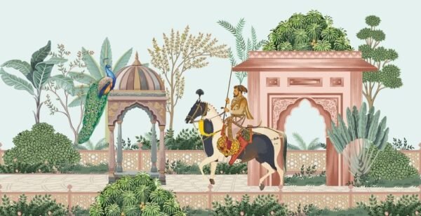 3D wallpaper traditional mughal emperor riding horse garden