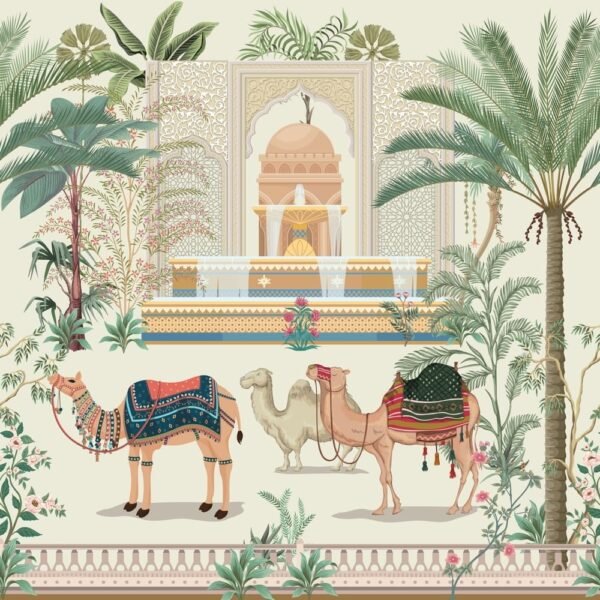 3D wallpapere traditional arabic decorative pattern garden camel