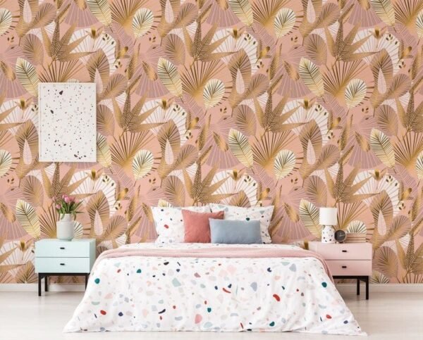 Boho style wallpaper with tropical leaves,  wallpaper mural, wall decor, custom wallpaper