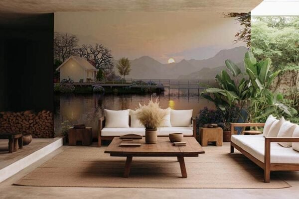 Drona, Mountain Lake House Sunrise Scenery Wallpaper Mural