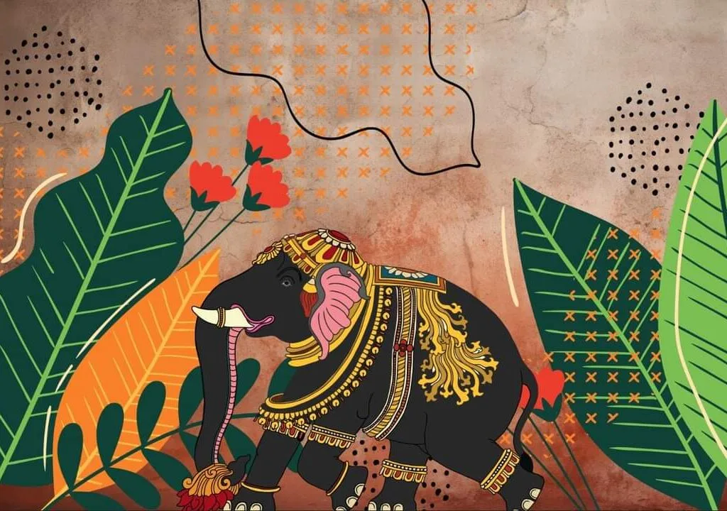 3D wallpaper decorated-elephant-with-painted-motifs-rath-yatra-background