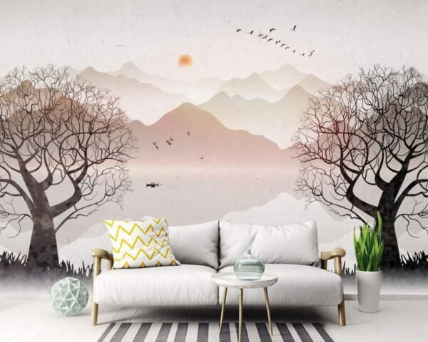 Tree Lake Wall Photo Wallpaper, Starry Moon Sun Custom Photo Peel and Stick Mural Poster 3D Bedroom Study Room Background Wall Painting
