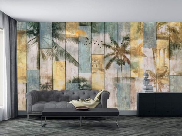 Modern Abstract Photo Wallpaper - Vintage Wooden Planks Coconut Grove Palm Trees Large Mural, Tv Background Decoration Seamless Wall
