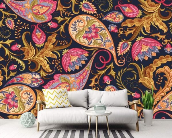 Paisley Styl Delicate Mandalas Pattern wallpaper Rug, Paisley Mat, Blue and Gold Floor Mat, Linoleum Mat, Area Rug, Comfort Mat