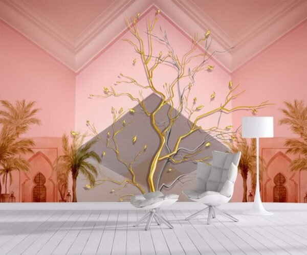 3D pink background golden tree wallpapwallpapers