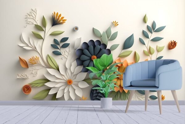 Blue and White 3d Floral Wallpaper for walls with leaves