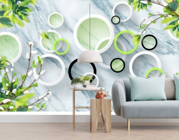 A white circles and green leaves on a marble surface 3D wallpaper