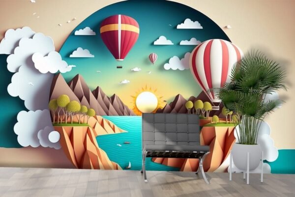 3D Effect Paper Cut Out Landscape with hot air balloons Kids Wallpaper
