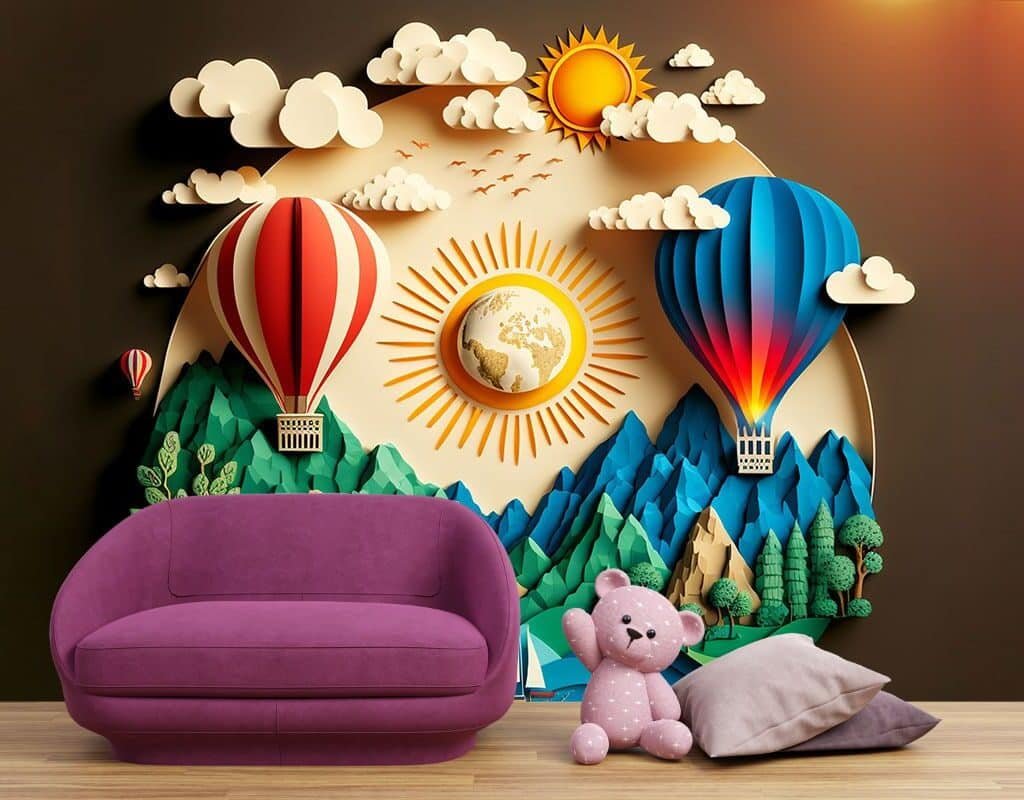 3D Hot Air Balloon Scenery Kids Room Wallpaper