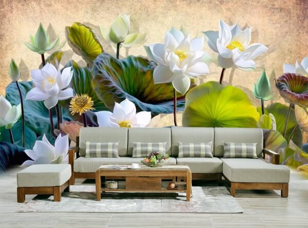 Blooming White Lotus Flowers With Green Leaves Wallpaper for Wall