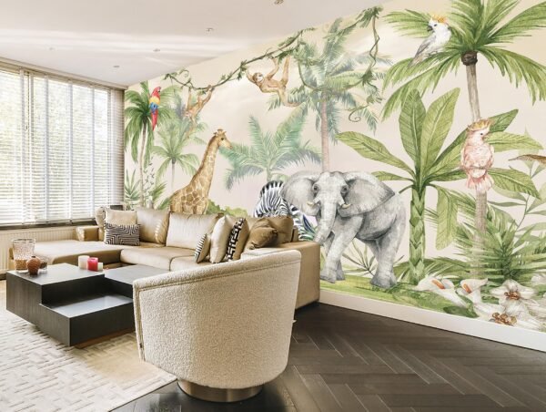 A watercolor painting of animals and plants