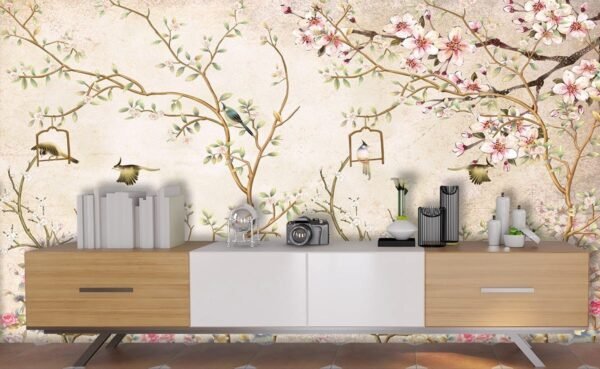 A Wallpaper for Wall with Beautiful Birds and Flowers