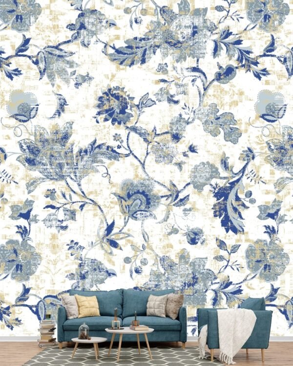 A blue and white floral Wallpaper for Drawing Room
