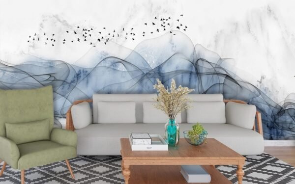 A blue smoke and birds flying 56