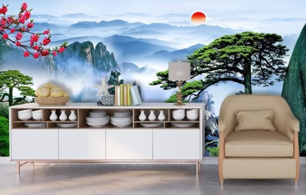 A landscape with mountains and flowers