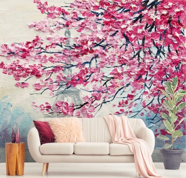 A painting of a couple walking under a tree with pink flowers 3D wallpaper