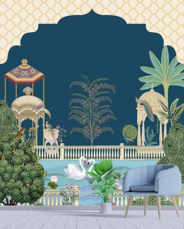 A painting of a pond with birds and trees