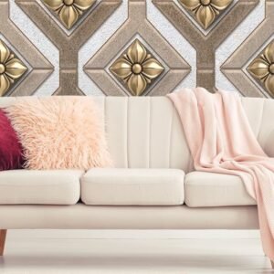 A pattern of gold flowers and diamond shapes