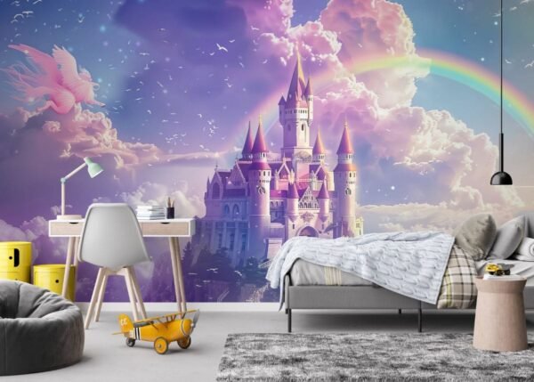 Fantasy Castle With Rainbow and Unicorns Wallpaper Mural