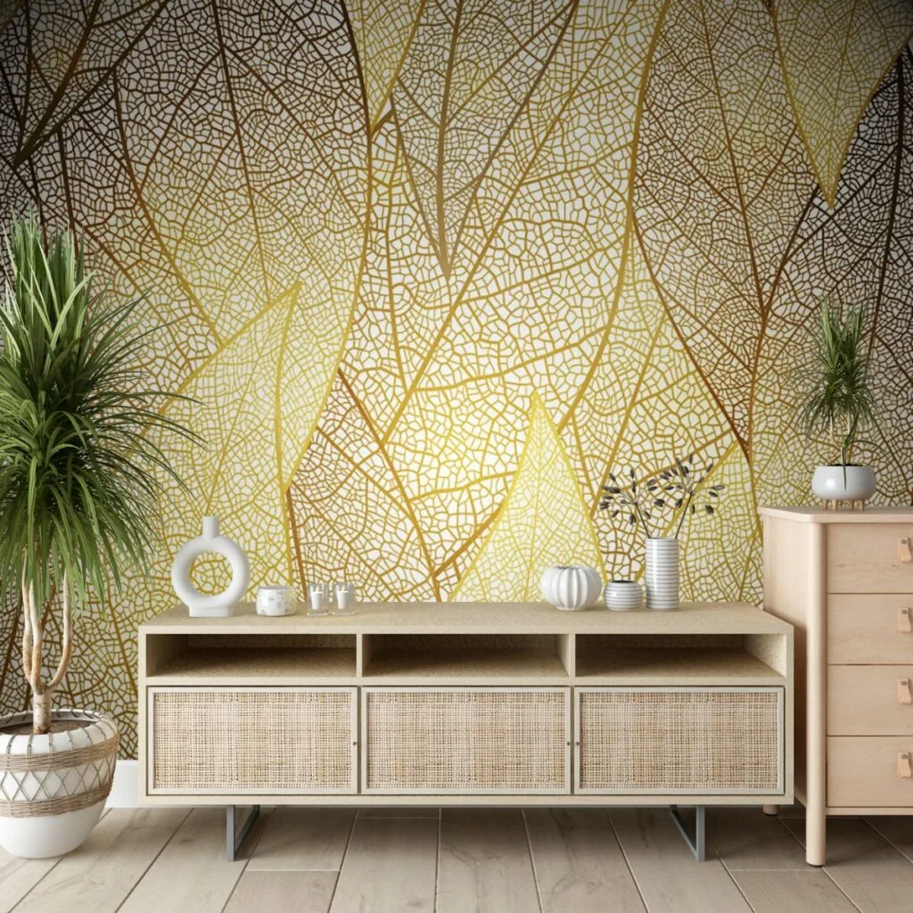 Golden Closeup of Leaf Wall Mural Living Room 2
