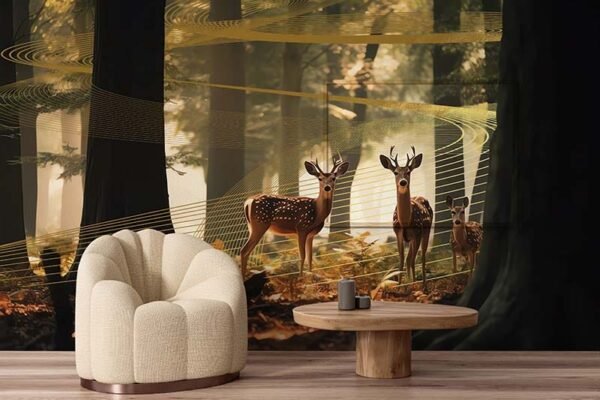 Golden Swirls Deer Dreamscape Wallpaper Mural, Customized 02