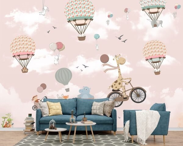 Kids Room 3D Wallpaper, A cartoon giraffe riding a bicycle with balloons and a train