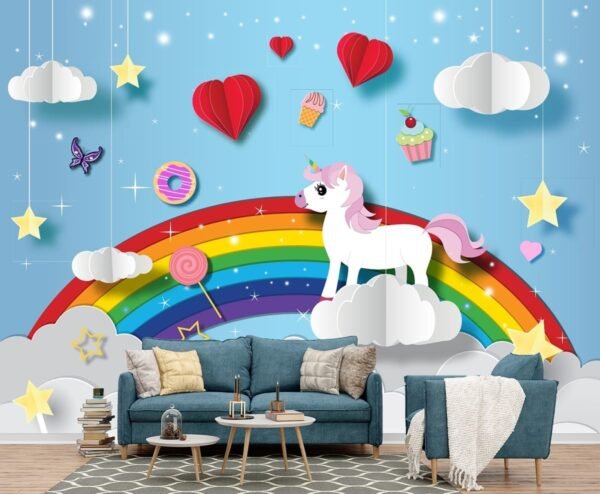 Kids Room Wallpaper, A paper cut out of a unicorn on a cloud with a rainbow and stars