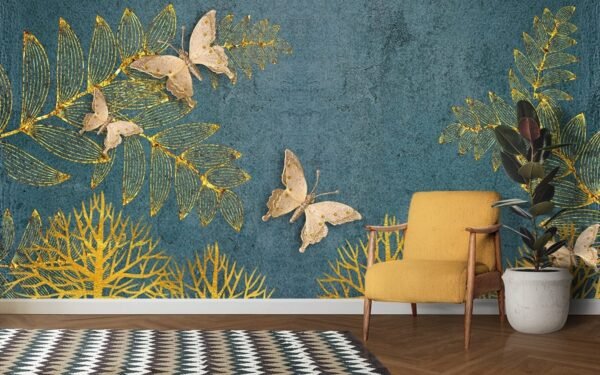 Kids Room Wallpaper, Butterflies and trees with gold leaves