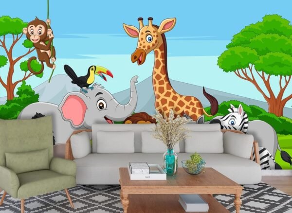 Kids Room 3D Wallpaper, Cartoon of animals in a jungle