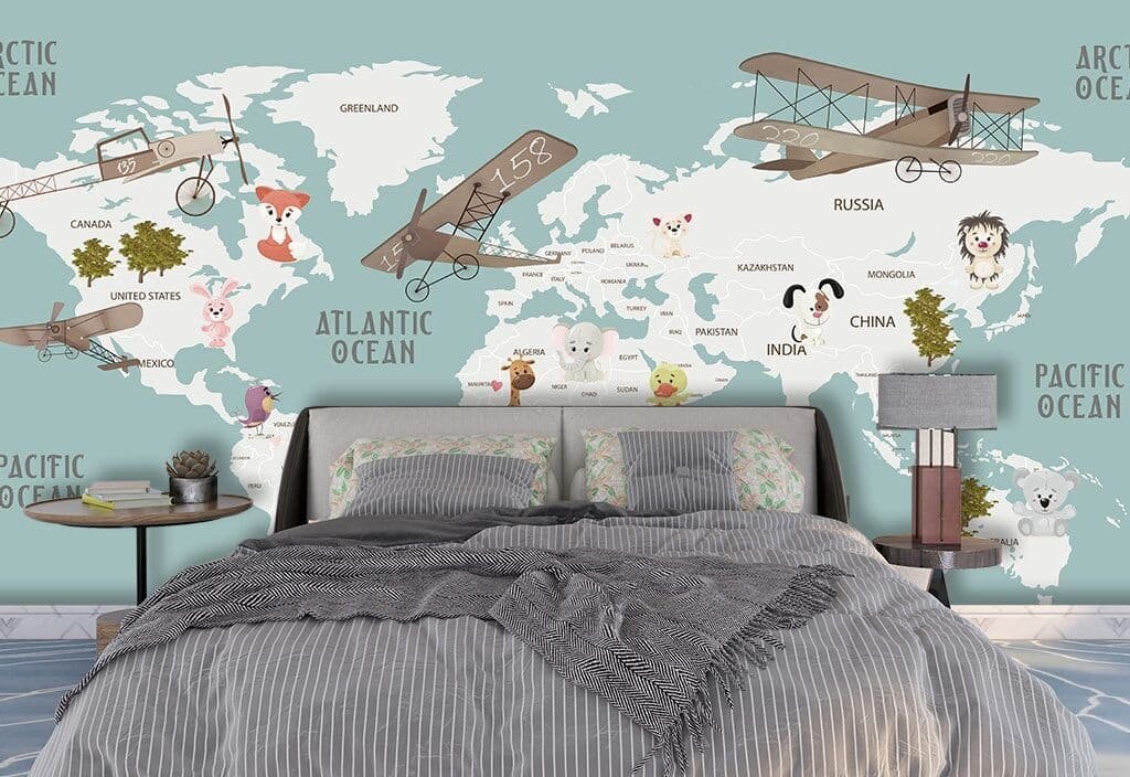 Kids Room Wallpaper, World Map With Cartoon Animals