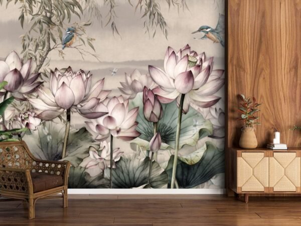 Lotus Flower and Kingfisher With Beige Background Wallpaper for Wall