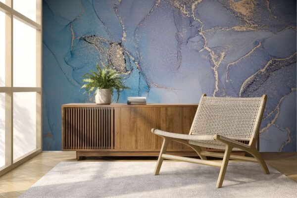 Blue and Gold Fluid Marble 3D Wallpaper