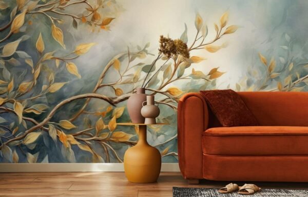 White Gold Banana Leaves Foliage Mural Wallpaper