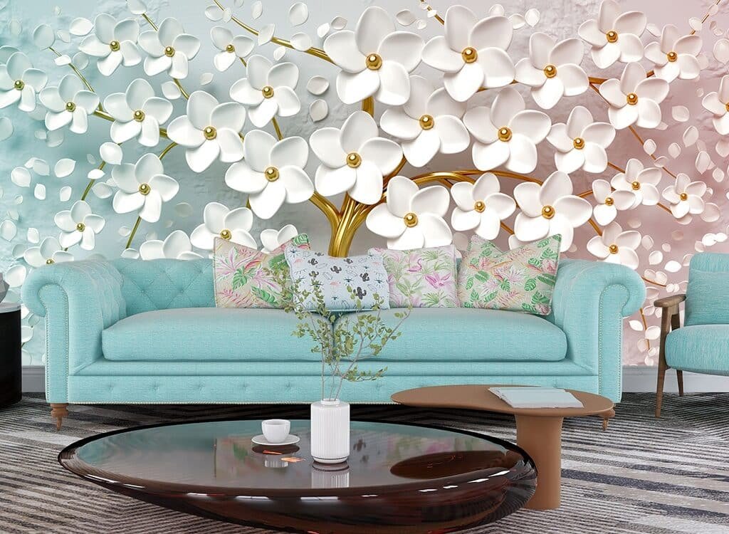 Phooleri, 3D Tree with White Flowers and Butterflies Wallpaper for Wal