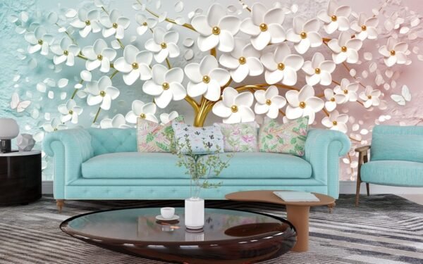 Phooleri, 3D Tree with White Flowers and Butterflies Wallpaper for Wal