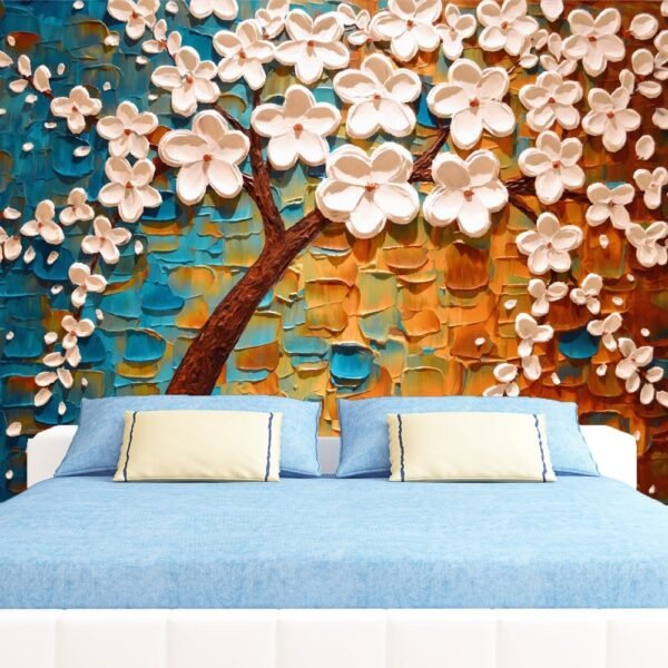 Wallpaper for Wall, Beautiful 3D Painting of a Tree With White Flowers