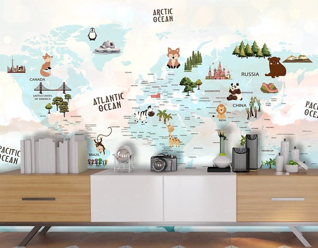 3D Wallpaper for Wall of World Map with Animals