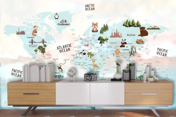 3D Wallpaper for Wall of World Map with Animals