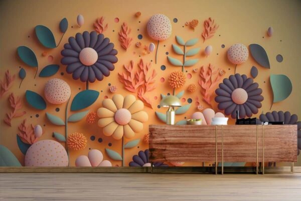 Yellow and Green 3D Flowers Wallpaper for walls