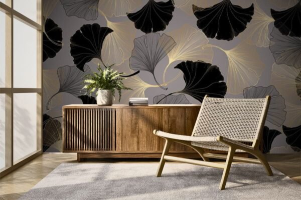 Luxurious Black and Bold Leaves Wallpaper