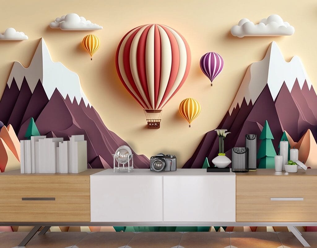 3D Kids Room Wallpaper With Mountains and Hot Air Balloons 4