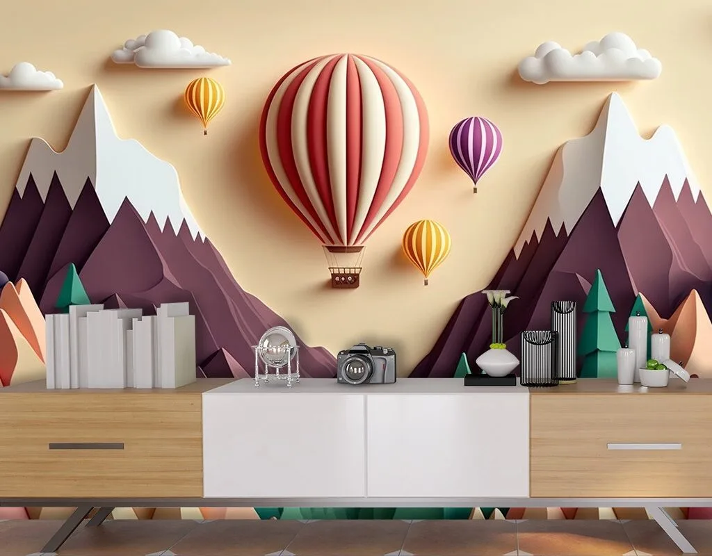 3D Kids Room Wallpaper With Mountains and Hot Air Balloons 4