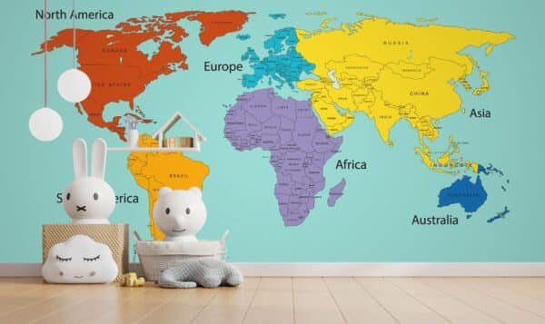 7 Continents and Countries World Map Wallpaper Mural