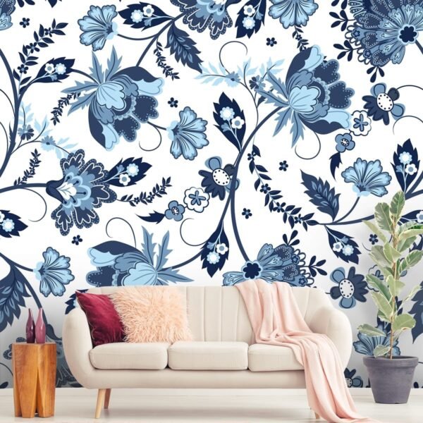A Wallpaper of Floral Design in Shades of Blue and White