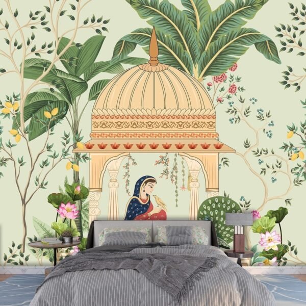 A painting of a woman in a red dress sitting on a gazebo