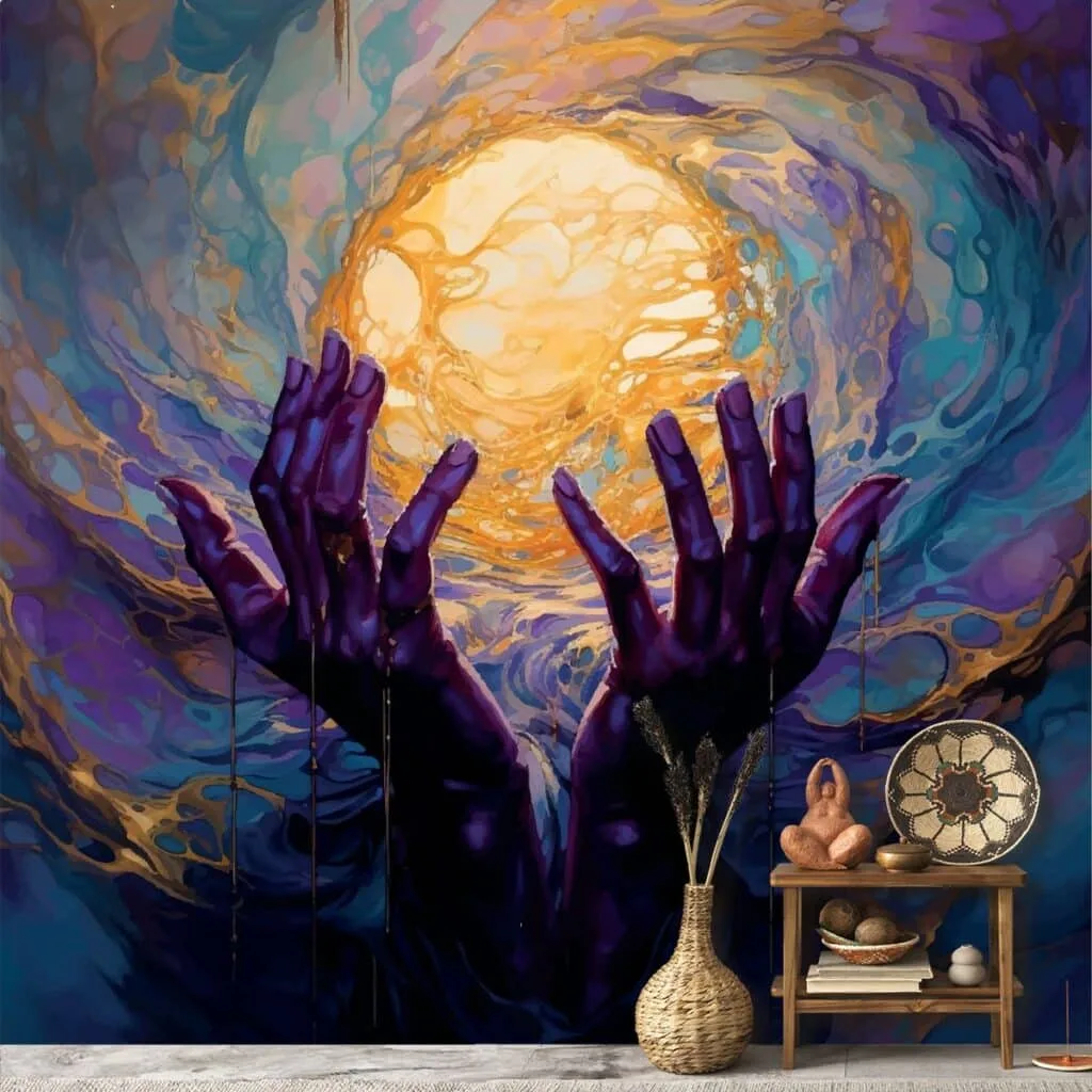 Abstract Ethereal Purple Teal And Gold Gratitude Hands Sun Wallpaper for Wall M 2