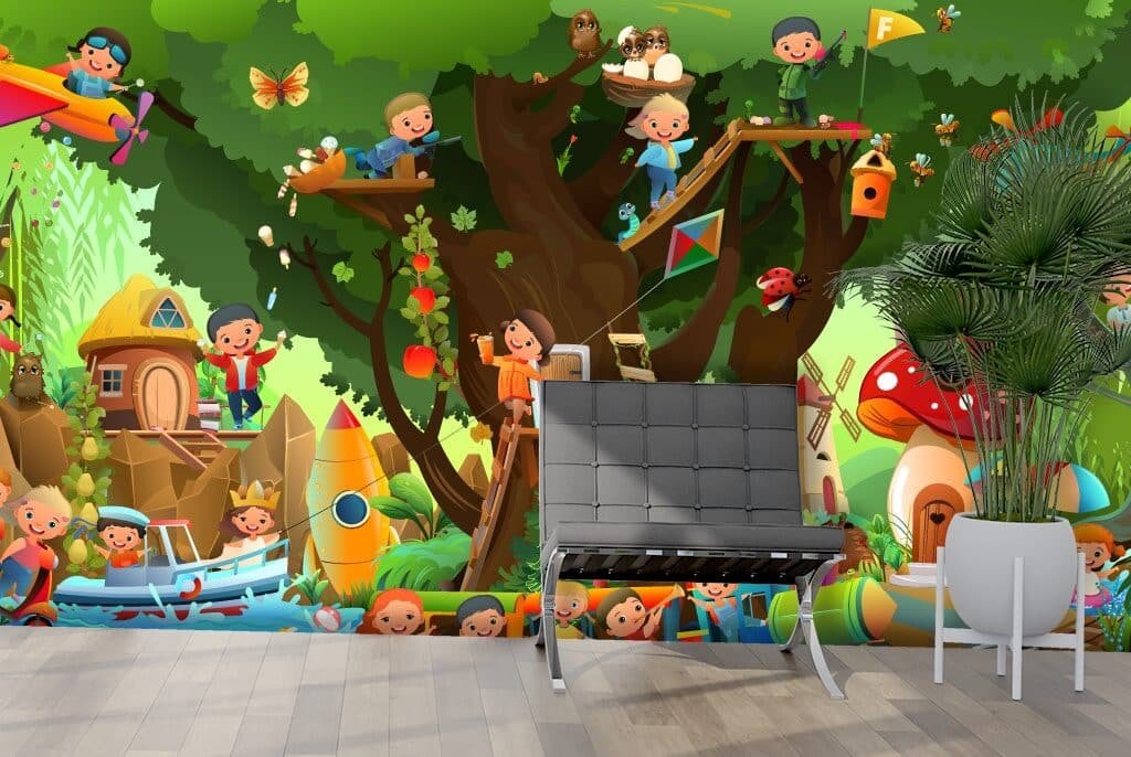Kids Room Wallpaper, Cartoon of kids playing with tree