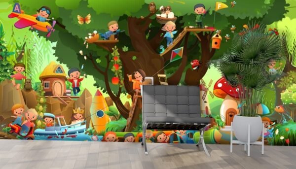 Kids Room Wallpaper, Cartoon of kids playing with tree