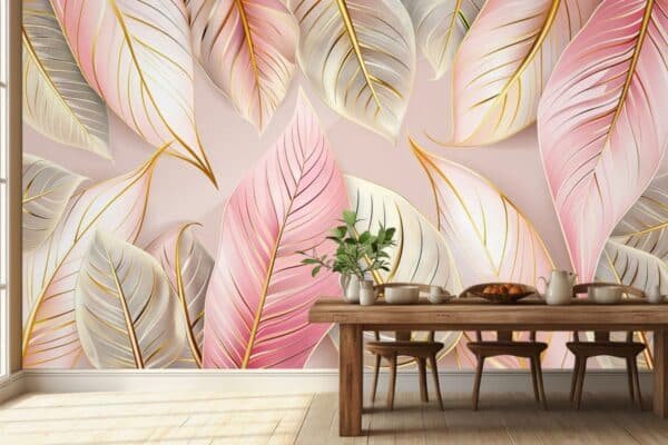 Luxurious Pink and Gold Leaves Wallpaper Mural